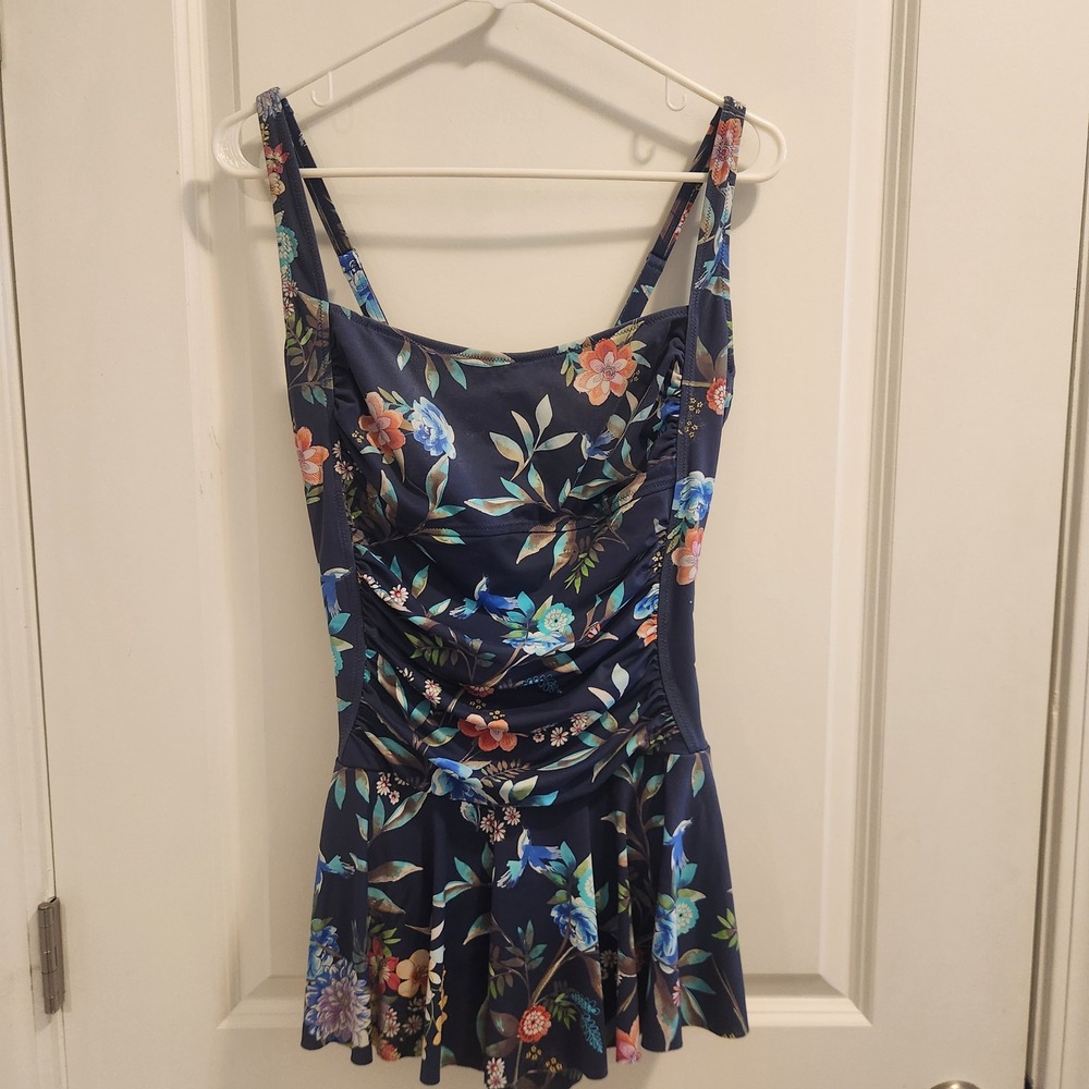 Johnny Was California Floral Bird Print Swim Dress Navy Blue XL Ruched One Piece